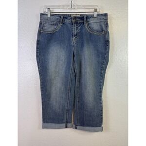 Earl Capri Jeans Womens Size 10 Stretch Blue Denim Cuffed Pocket Embroidered